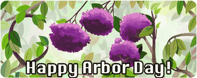 Happy Arbor Day Sign With Purple Flowers GIF
