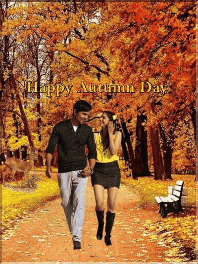 Happy Autumn Day Card Man And Woman Walking In Woods GIF