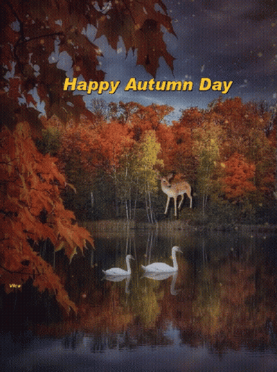 Happy Autumn Day Card With Swans And Deer GIF