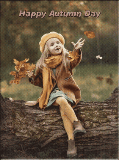 Happy Autumn Day Girl Sitting On Log GIF