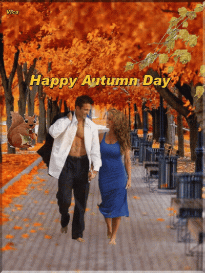 Happy Autumn Day Greeting Card Man And Woman Holding Hands GIF