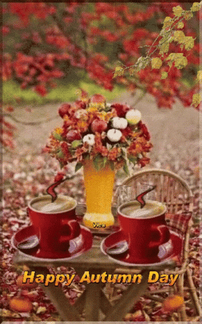 Happy Autumn Day Greeting With Two Cups Of Coffee GIF