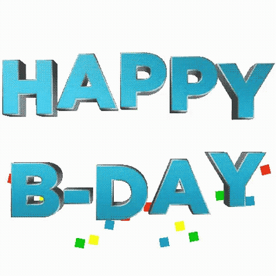 Happy B-Day Surrounded by Colorful Squares and Confetti