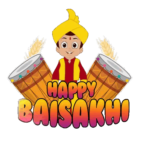 Happy Baisakhi Card With Cartoon Character Holding Drums Sticker
