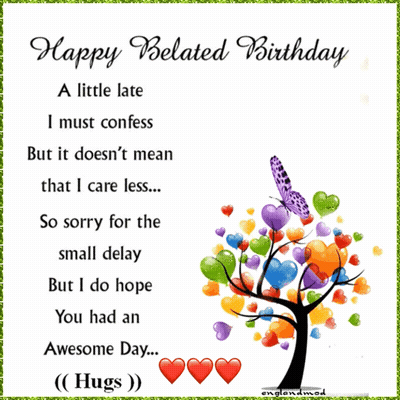 Happy Belated Birthday Card With Tree And Hearts GIF