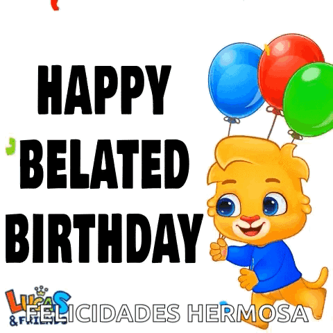 Happy Belated Birthday Cartoon Dog Holding Balloons GIF