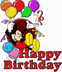 Happy Birthday Animated Mickey Mouse With Balloons GIF