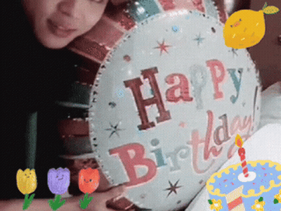 Happy Birthday Balloon With Flowers And Candles GIF