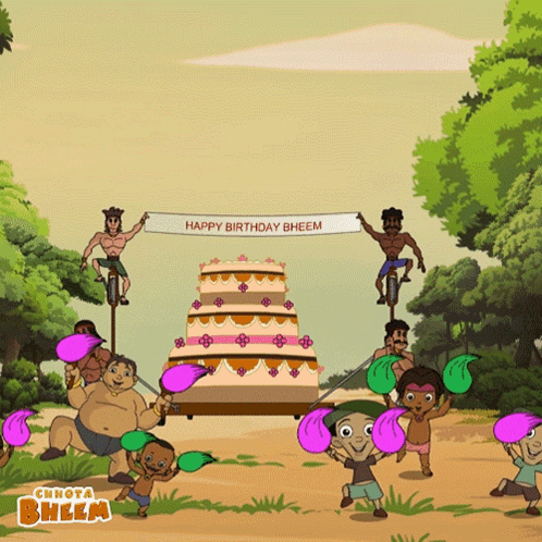 Happy Birthday Bheem Banner Held By Characters GIF
