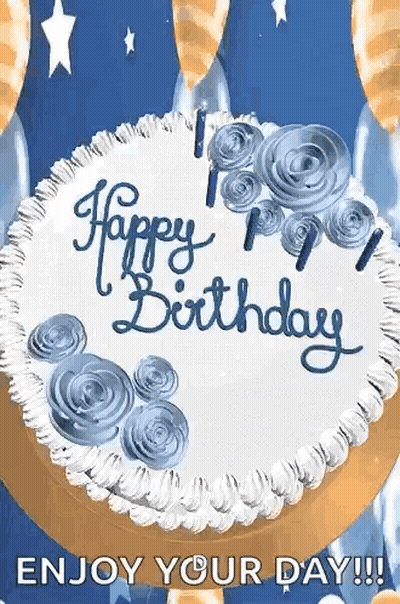Happy Birthday Cake With Blue Frosting And Candles GIF