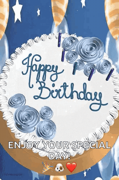 Happy Birthday Cake With Blue Frosting And Candles GIF