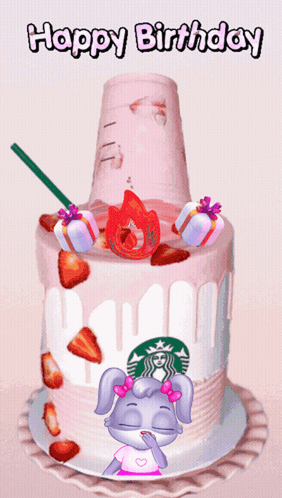 Happy Birthday Cake With Starbucks Logo And Strawberries GIF