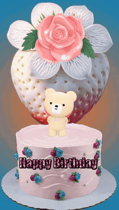 Happy Birthday Cake With Teddy Bear And Flowers GIF
