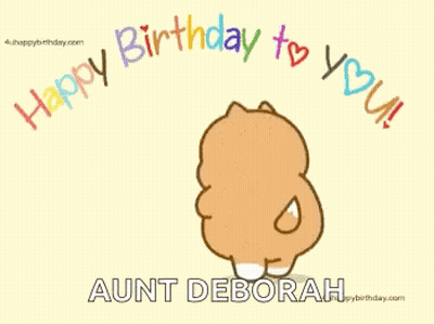 Happy Birthday Card For Aunt Deborah With Cartoon Dog Holding Basket GIF