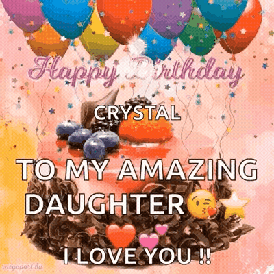 Happy Birthday Card For Daughter With Cake And Balloons GIF