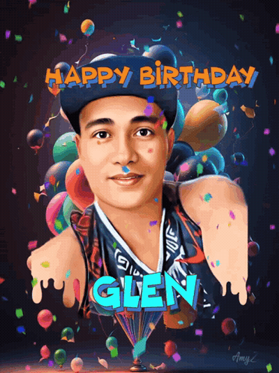 Happy Birthday Card For Glen With Balloons And Confetti GIF