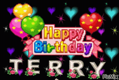 Happy Birthday Card For Terry With Balloons And Flowers GIF