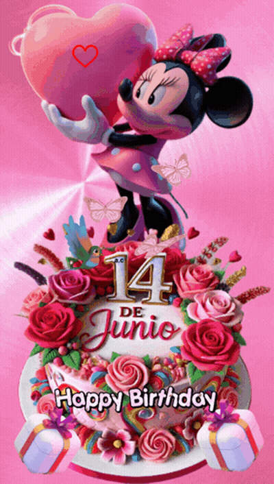 Happy Birthday Card Minnie Mouse Holding Heart On Cake GIF