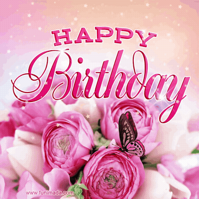 Happy Birthday Card Pink Flowers Butterfly GIF