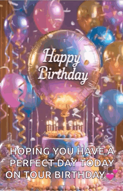 Happy Birthday Card With Balloons And Cake GIF