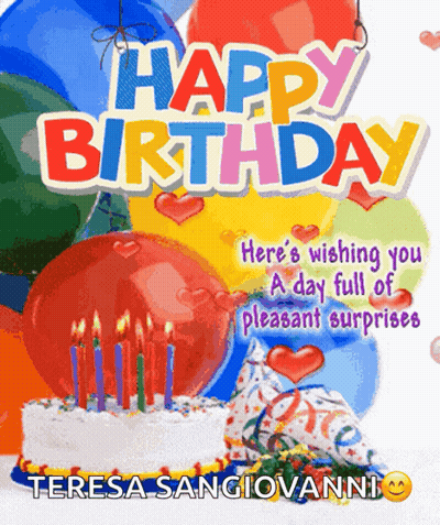 Happy Birthday Card With Balloons And Cake GIF