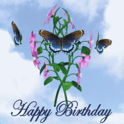 Happy Birthday Card With Butterflies On Flower GIF