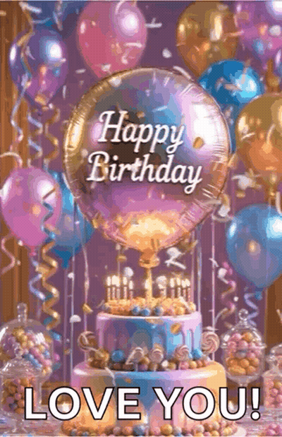 Happy Birthday Card With Cake And Balloons GIF