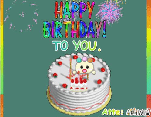 Happy Birthday Card With Cake And Fireworks GIF