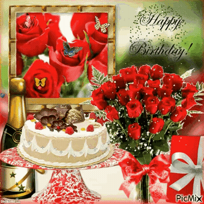 Happy Birthday Card With Cake And Red Roses GIF