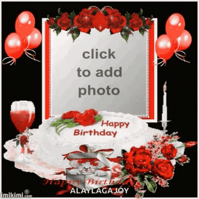 Happy Birthday Card With Cake And Roses GIF