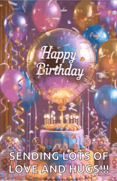 Happy Birthday Card With Cake Balloons And Love Hugs GIF