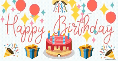 Happy Birthday Card With Cake Balloons Presents Confetti GIF
