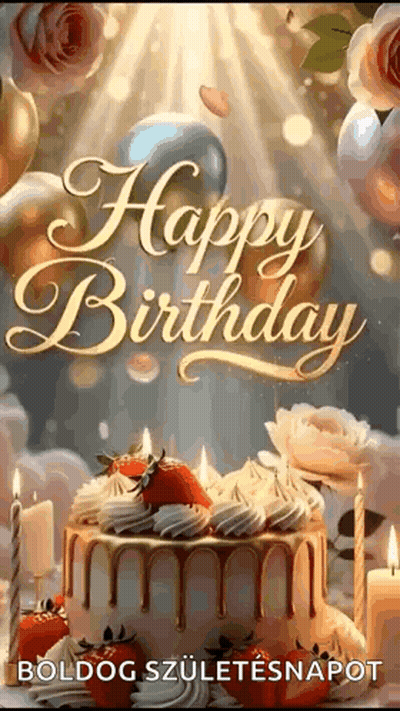 Happy Birthday Card With Cake, Candles, Balloons, Flowers GIF