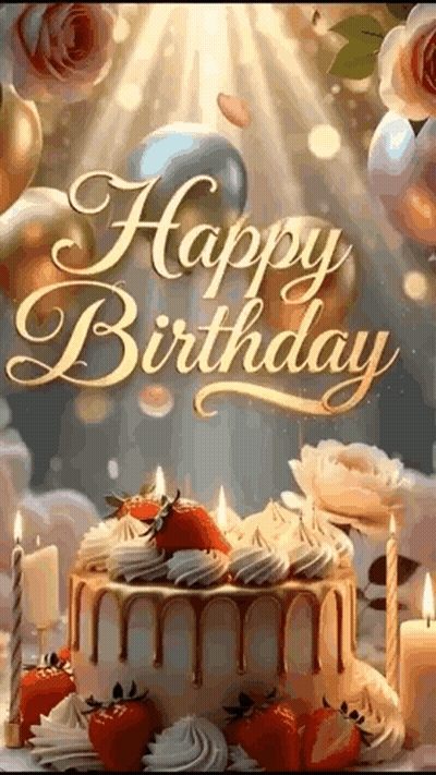 Happy Birthday Card With Cake Candles Balloons Roses GIF