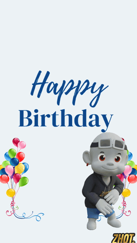 Happy Birthday Card With Cartoon Character And Balloons GIF