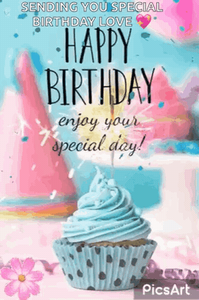 Happy Birthday Card With Cupcake And Candle GIF