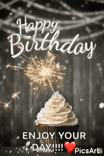 Happy Birthday Card With Cupcake And Sparkler GIF