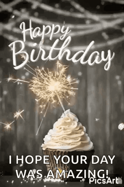 Happy Birthday Card With Cupcake And Sparkler GIF