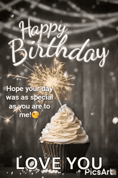 Happy Birthday Card With Cupcake And Sparklers GIF