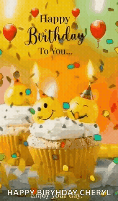 Happy Birthday Card With Cupcakes Balloons GIF