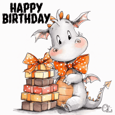 Happy Birthday Card With Dragon Holding Gifts GIF