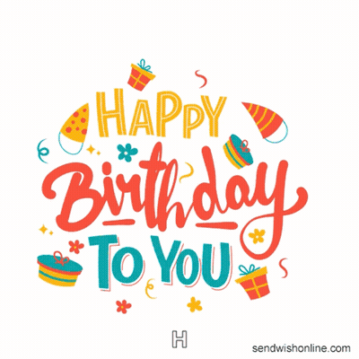 Happy Birthday Card With Gifts And Party Hats GIF