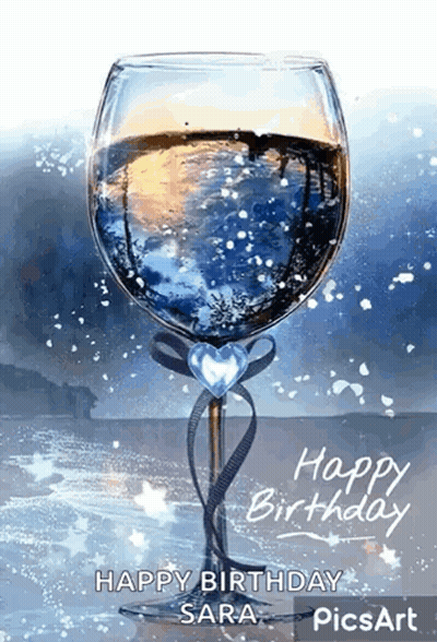 Happy Birthday Card With Glass Of Wine And Heart GIF