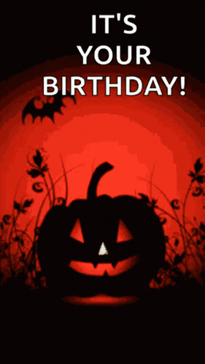 Happy Birthday Card With Halloween Pumpkin And Bats GIF
