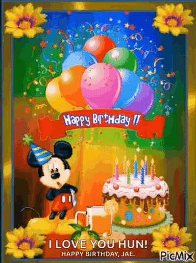 Happy Birthday Card With Mickey Mouse Balloons And Cake GIF