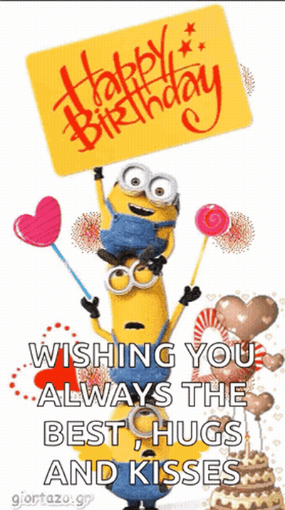 Happy Birthday Card With Minions Holding Sign GIF
