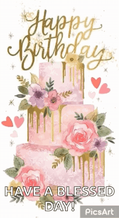 Happy Birthday Card With Pink And Gold Cake GIF