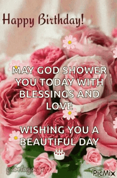 Happy Birthday Card With Pink Roses GIF
