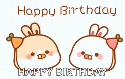 Happy Birthday Card With Rabbits In Party Hats GIF