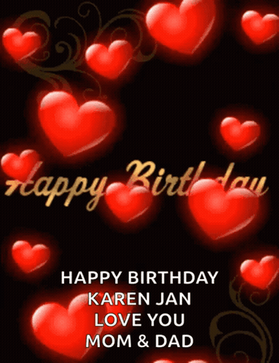 Happy Birthday Card With Red Hearts On Black Background GIF